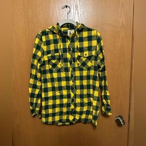 Green and Gold Flannel Button-Up Hoodie Women's Size L